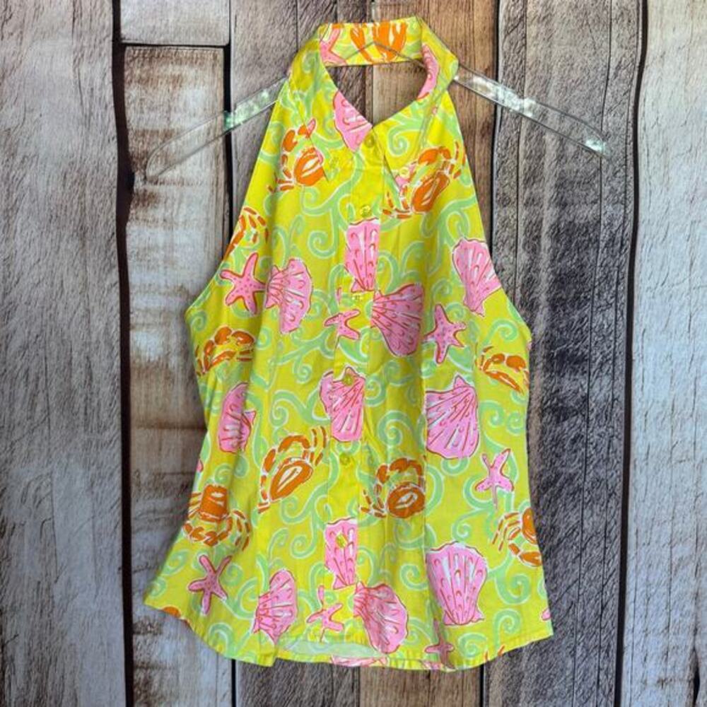 Lilly Pulitzer Yellow Halter Shell-Print Top with Pink & Orange Accents